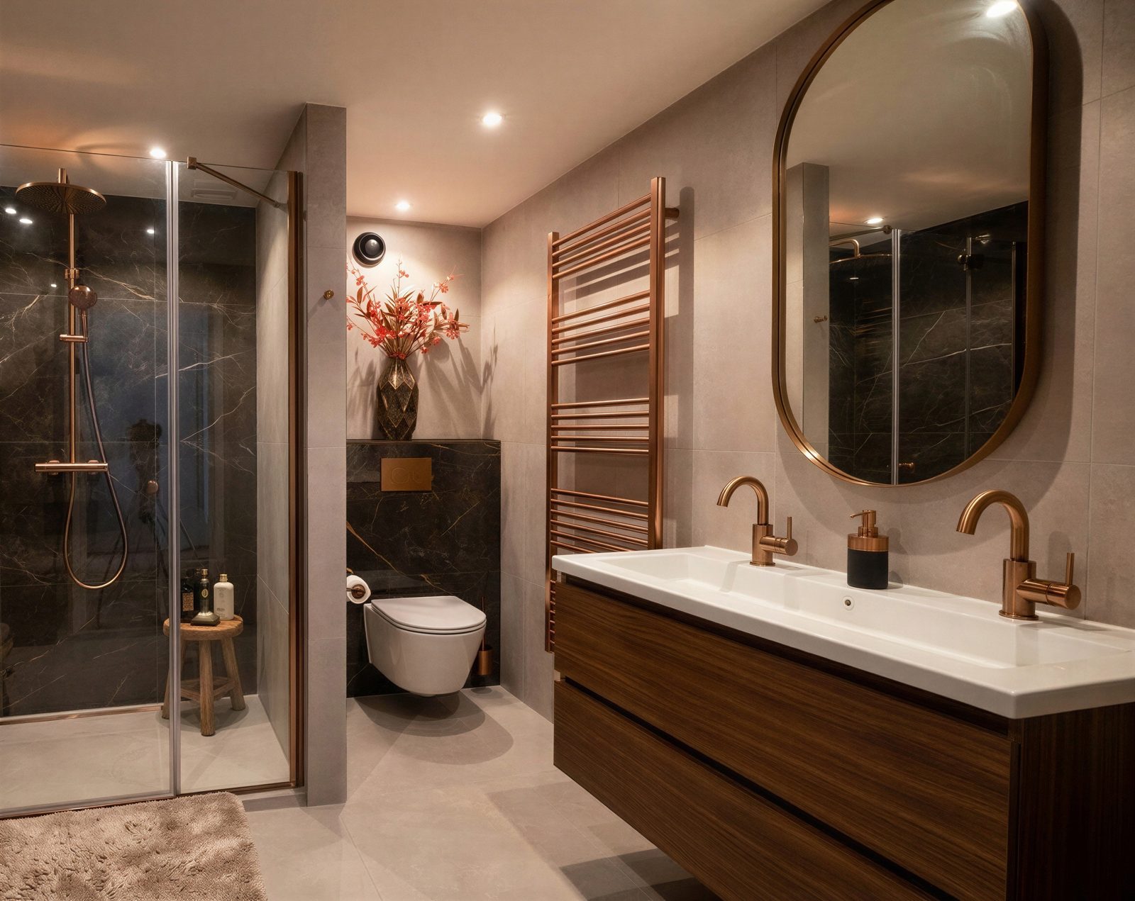 Badkamer met inloopdouche, hangtoilet en dubbele wastafel in marmerlook met koperen accenten