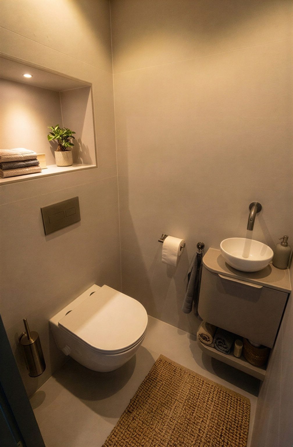 Aparte toiletruimte met een verlichte nis, hangtoilet en een fonteintje op een zwevend meubel